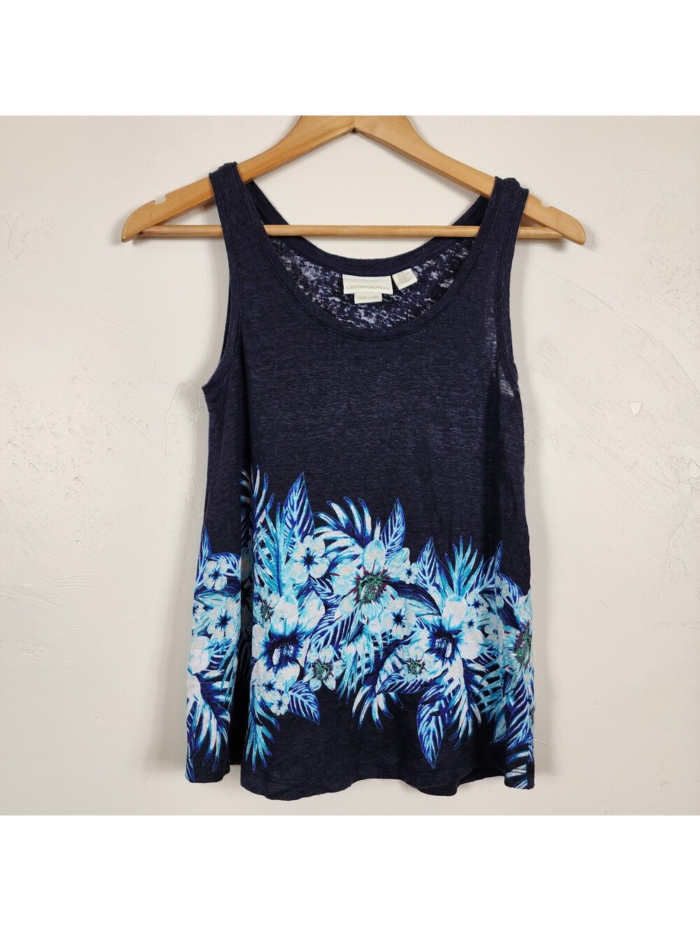 Cynthia Rowley 100% Linen Tank Top Navy Blue Floral Border Scoop Neck XS